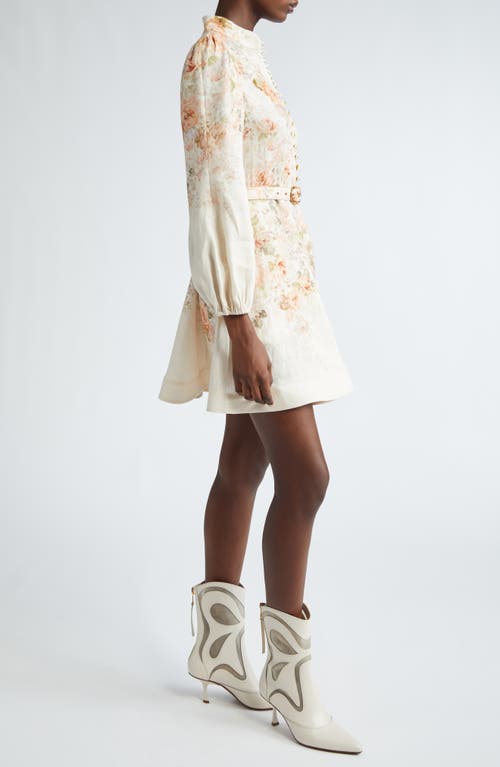 Shop Zimmermann Illustration Floral Long Sleeve Belted Linen Minidress In Cream Rococo Floral