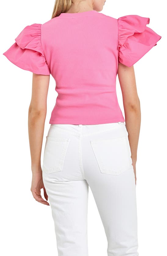 English Factory Mix Media Ruffle Sleeve Cotton Rib Top In Pink