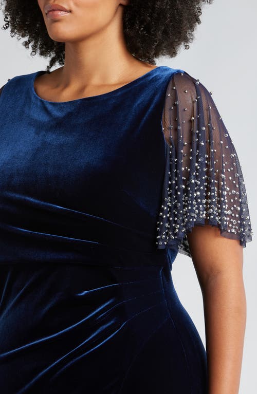 Alex Evenings Embellished Flutter Sleeve Velvet Trumpet Gown In Navy