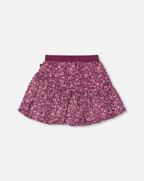 Shop Deux Par Deux Girl's Asymmetric Ruffle Skirt Burgundy Printed Little Flowers In Mini Flowers On Burgundy