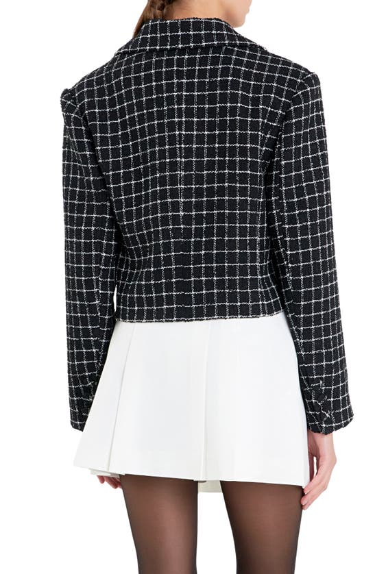 English Factory Windowpane Check Tweed Crop Blazer In Black