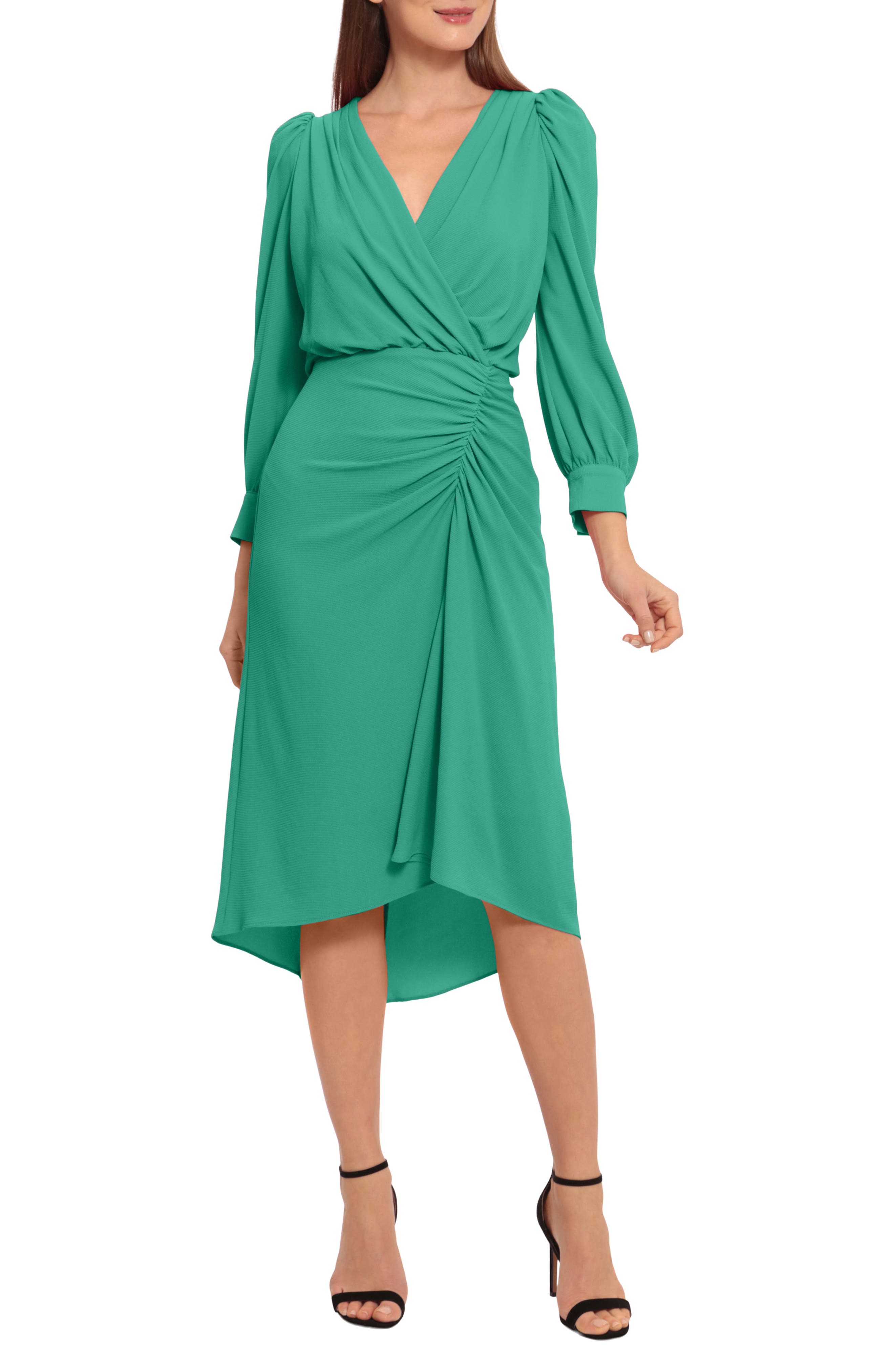 Indian Summers Inspired Clothing Maggy London Ruched Long Sleeve High-Low Midi Dress in Golf Green at Nordstrom Rack Size 16 $79.97 AT vintagedancer.com