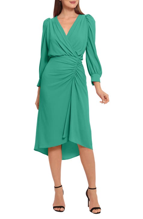 Ruched Long Sleeve High-Low Midi Dress