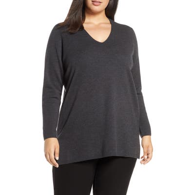 Plus Size Eileen Fisher V-Neck Superfine Merino Wool Sweater, Grey
