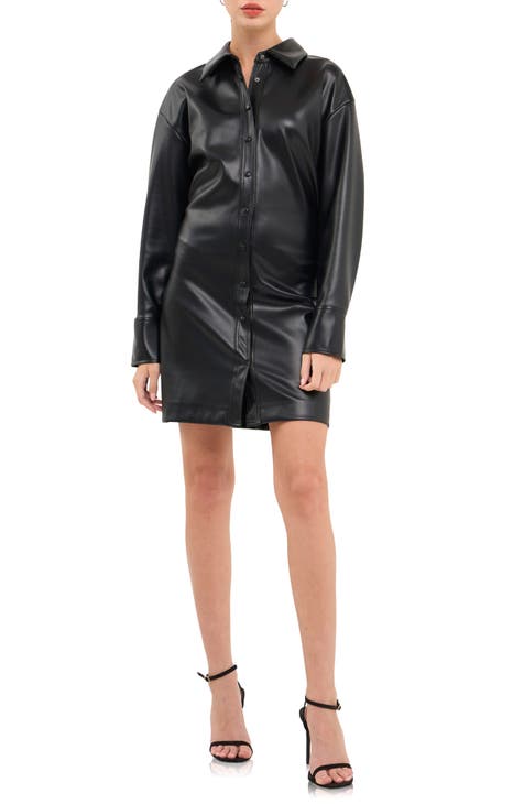Cinched Faux Leather Long Sleeve Mini Shirtdress