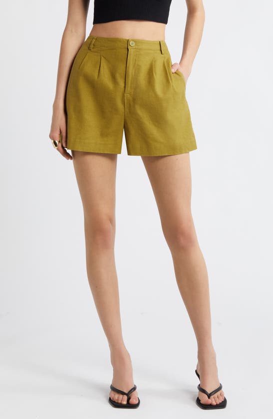 Shop Open Edit High Waist Linen Blend Shorts In Olive Eyes