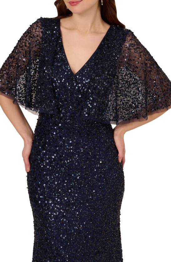 Shop Adrianna Papell Sequin Capelet Mermaid Gown In Light Navy