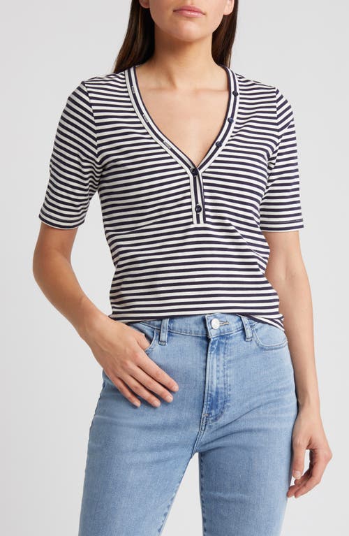 Shop Frame Asymmetric Button Stripe Stretch Organic Cotton Henley In Navy Multi