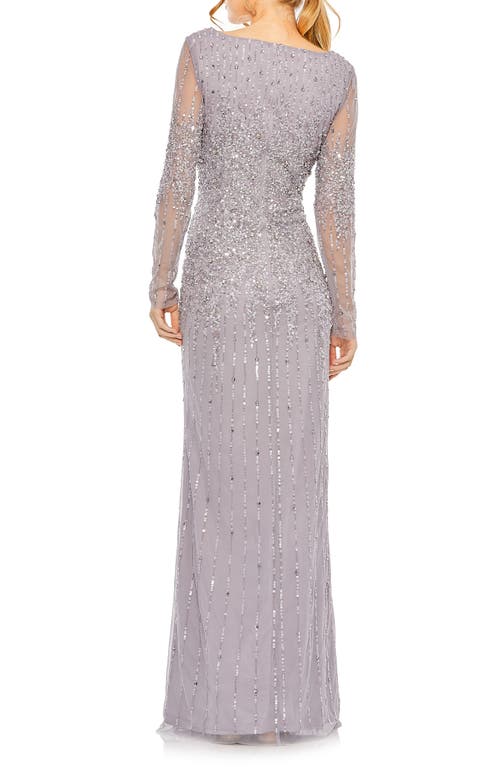 Shop Mac Duggal Sequin Embellished Bateau Neck Long Sleeve A-line Gown In Vintage Lilac