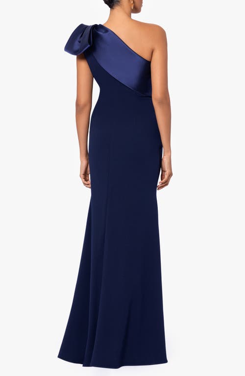 Shop Betsy & Adam Bow One-shoulder Crepe Mermaid Gown In Navy