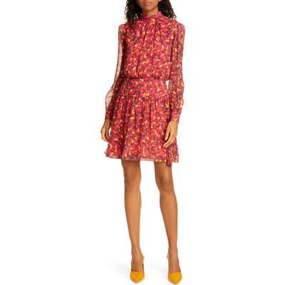 Saloni Isabel Floral Silk Long Sleeve Minidress, Red