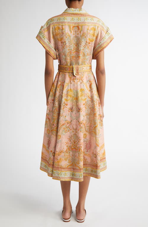 Shop Zimmermann Acacia Floral Stripe Belted Linen Midi Shirtdress In Pink Multi