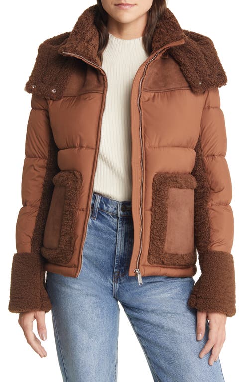 Sam Edelman Mixed Media Puffer Jacket with Faux Fur Trim in Maple