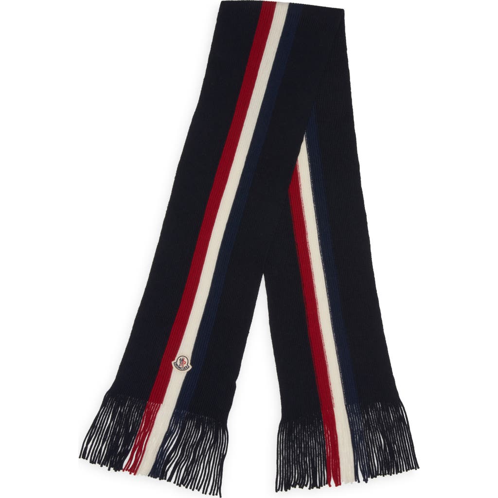 Moncler Logo Stripe Wool Scarf In Blue