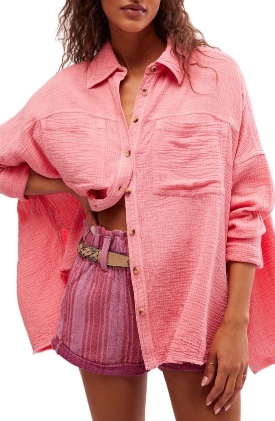 Shop Free People Cardiff Cotton Gauze Button-up Shirt In Pinky Promise