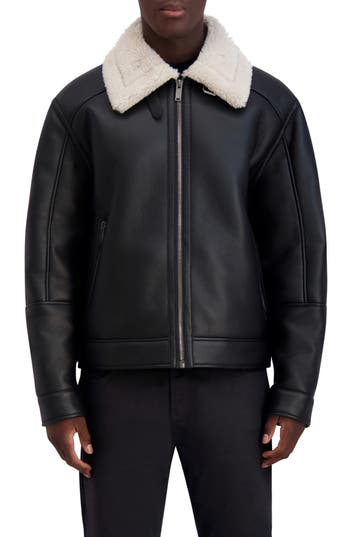 Karl Lagerfeld Paris Faux Shearling Bomber Jacket In Black