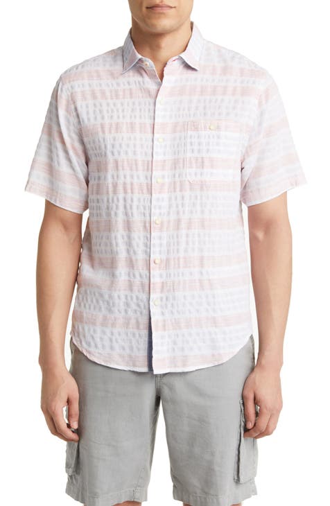 Nova Wave Blue Sea Stripe Seersucker Short Sleeve Button-Up Shirt