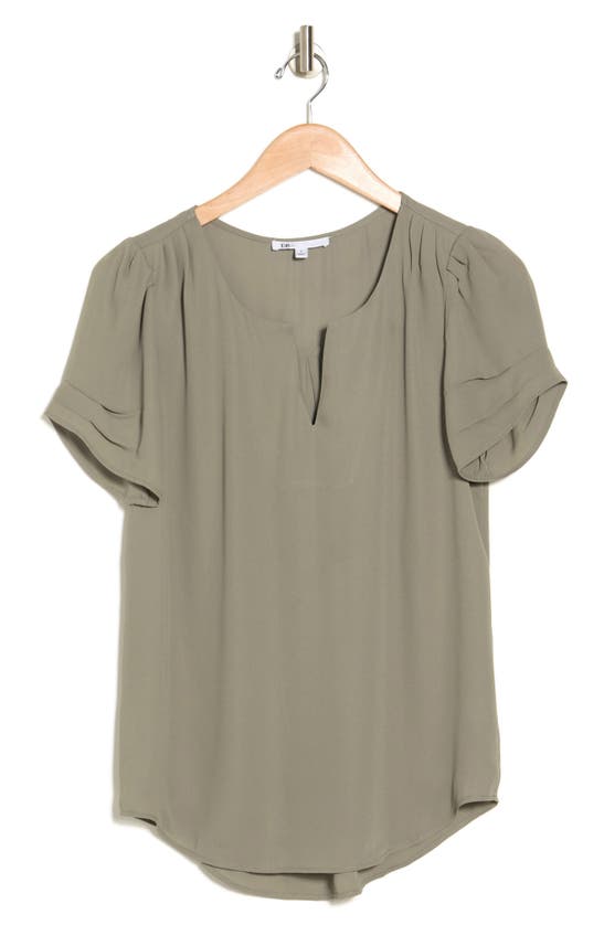 Dr2 By Daniel Rainn Pleated Sleeve Split Neck Blouse In Basil