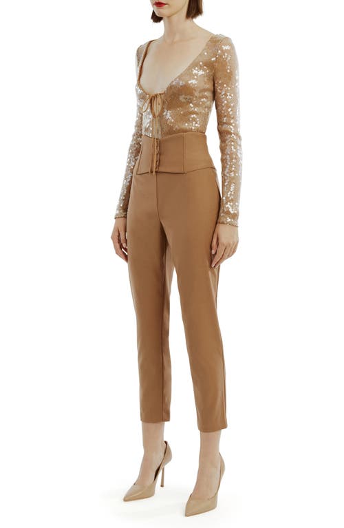 Shop Bardot Verona Sequin Long Sleeve Bodysuit In Beige