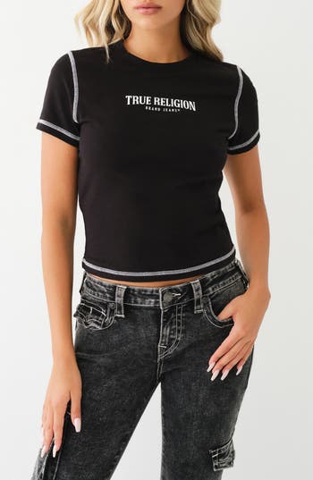 True Religion Brand Jeans Contrast Stitch Cotton Graphic Baby Tee In Black