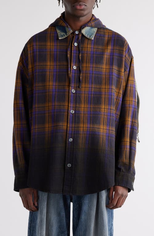 Shop Acne Studios Flannel & Denim Hooded Button-up Shirt In Purple/brown