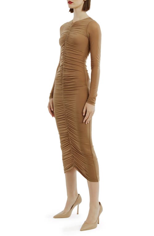 Shop Bardot Jaya Gathered Long Sleeve Mesh Body-con Dress In Tan