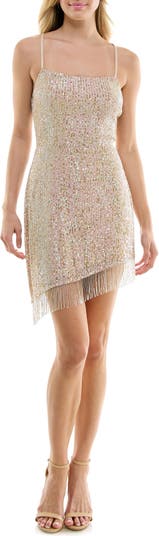 Sparkly Strapless Beaded Rhinestone Fringe Mini Dress - Beige, L / Beige