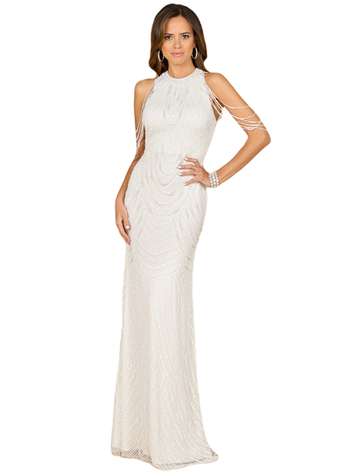Lara New York Halter Neck Gown With Fringe In Ivory