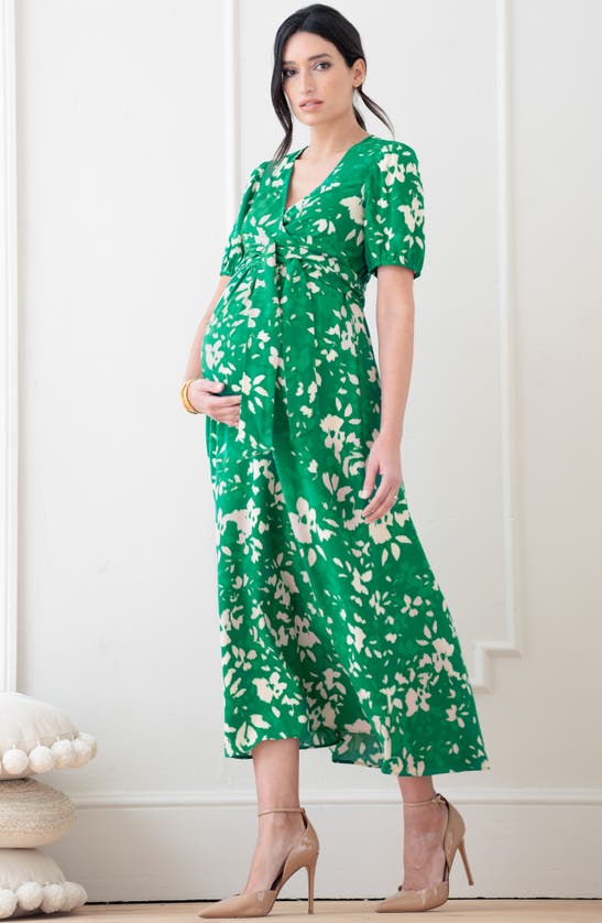 Shop Seraphine Floral Tie Waist Maternity/nursing Midi Dress In Green Print