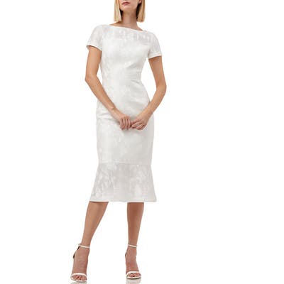Kay Unger Flounce Hem Embroidered Mesh Cocktail Dress, White