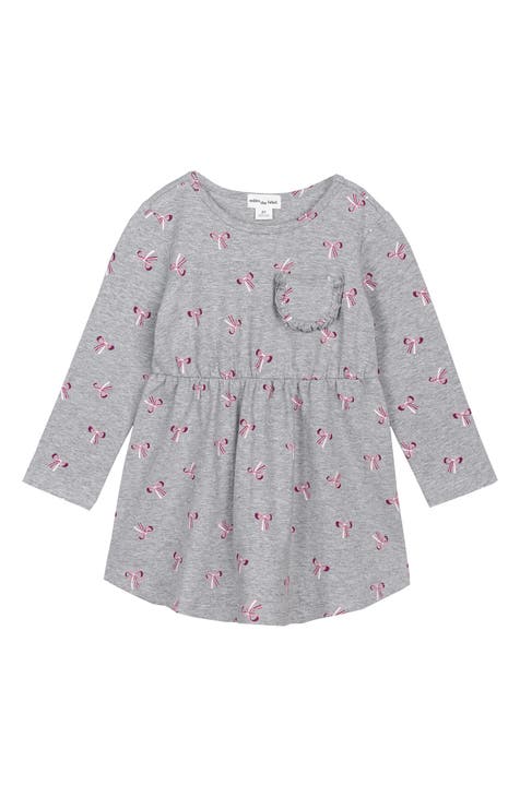 Kids' Bow Print Long Sleeve Stretch Organic Cotton Dress (Toddler & Little Kid)