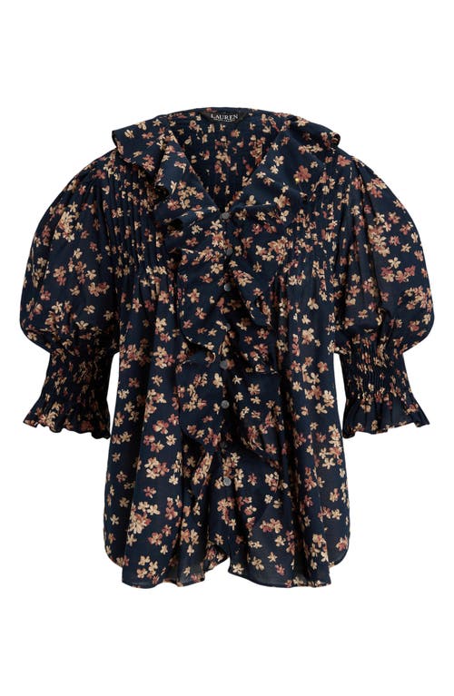 Shop Lauren Ralph Lauren Floral Cotton Voile Puff Sleeve Blouse In Navy Multi