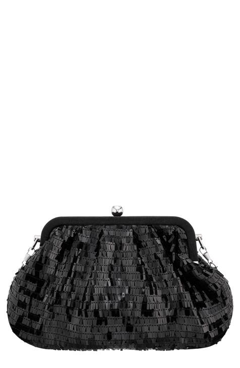 Chanel Crystal Pearl Crush Drawstring Bag Black Velvet Light Gold Hardware