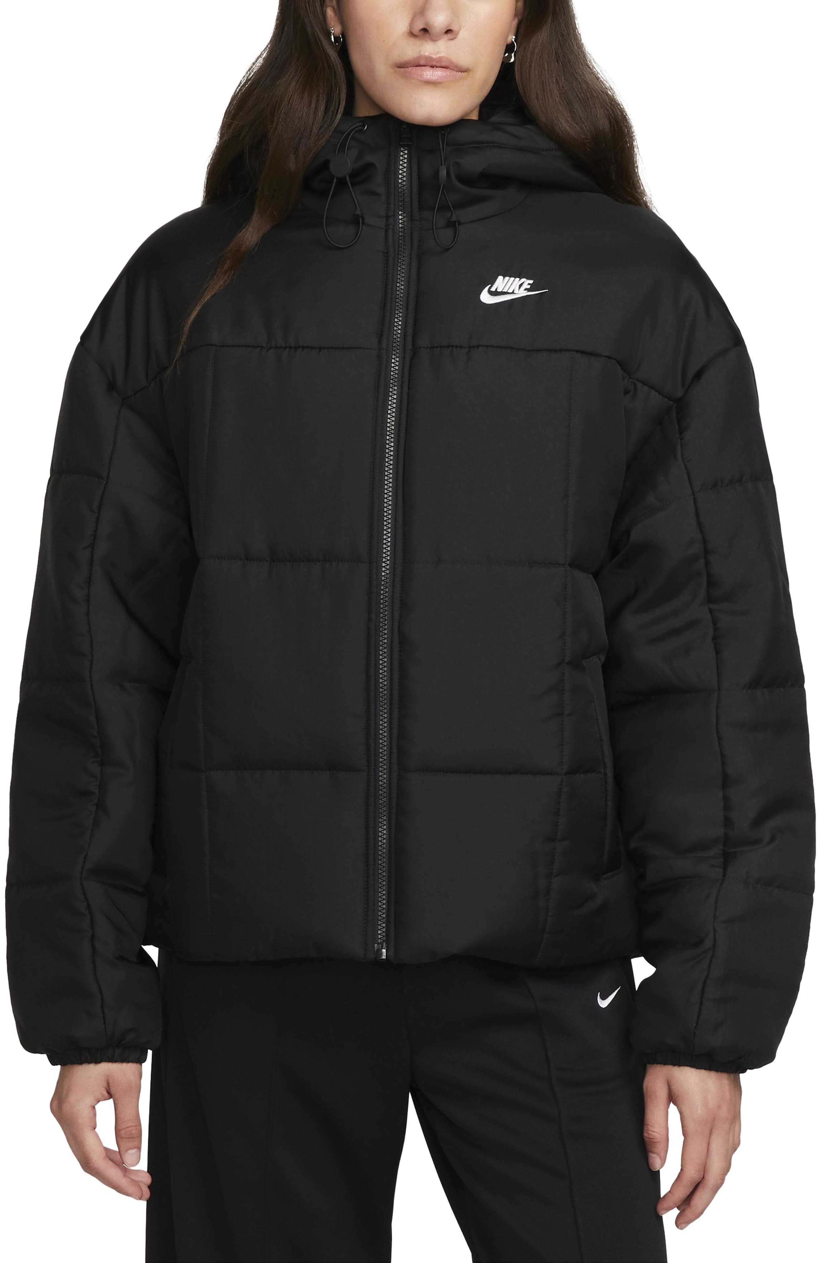 Nike Sportswear Classic Therma FIT Hooded Water Repellent Puffer Jacket in Black White Smart Closet