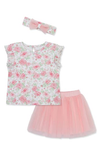 Shop Little Me Garden Fashion Floral Top, Skort & Headband Set In Pink