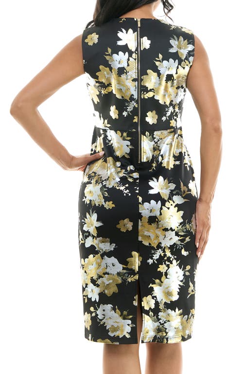 Nina Leonard Floral Foil Midi Dress In Black/gold/silver