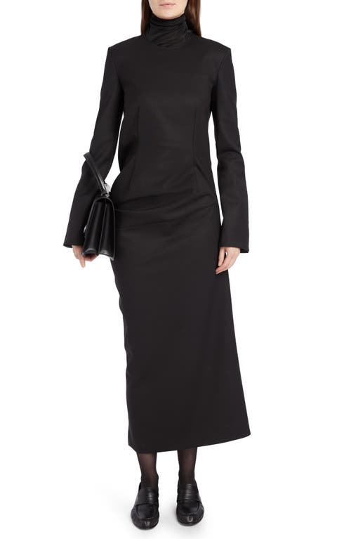 The Row Lucienne Asymmetric Long Sleeve Double Face Wool Blend Midi Dress in Black