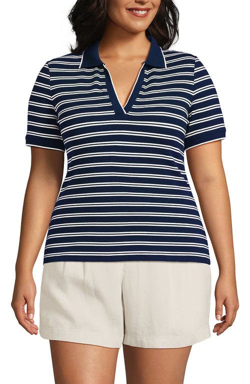 Shop Lands' End Plus Size Short Sleeve Polished Rib Polo In Deep Sea Navy Dual Stripe