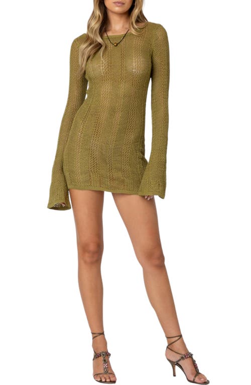 EDIKTED Back Cutout Long Sleeve Crochet Cover-Up Minidress Olive at Nordstrom,
