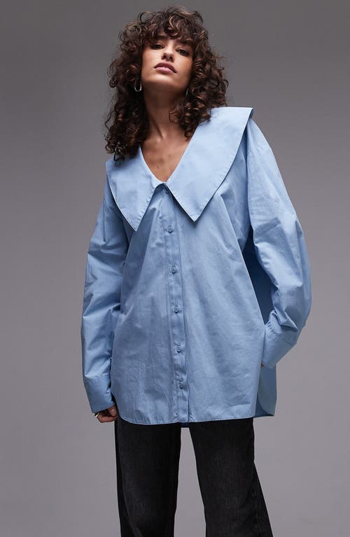 Shop Topshop Point Collar Cotton Poplin Button-up Shirt In Mid Blue