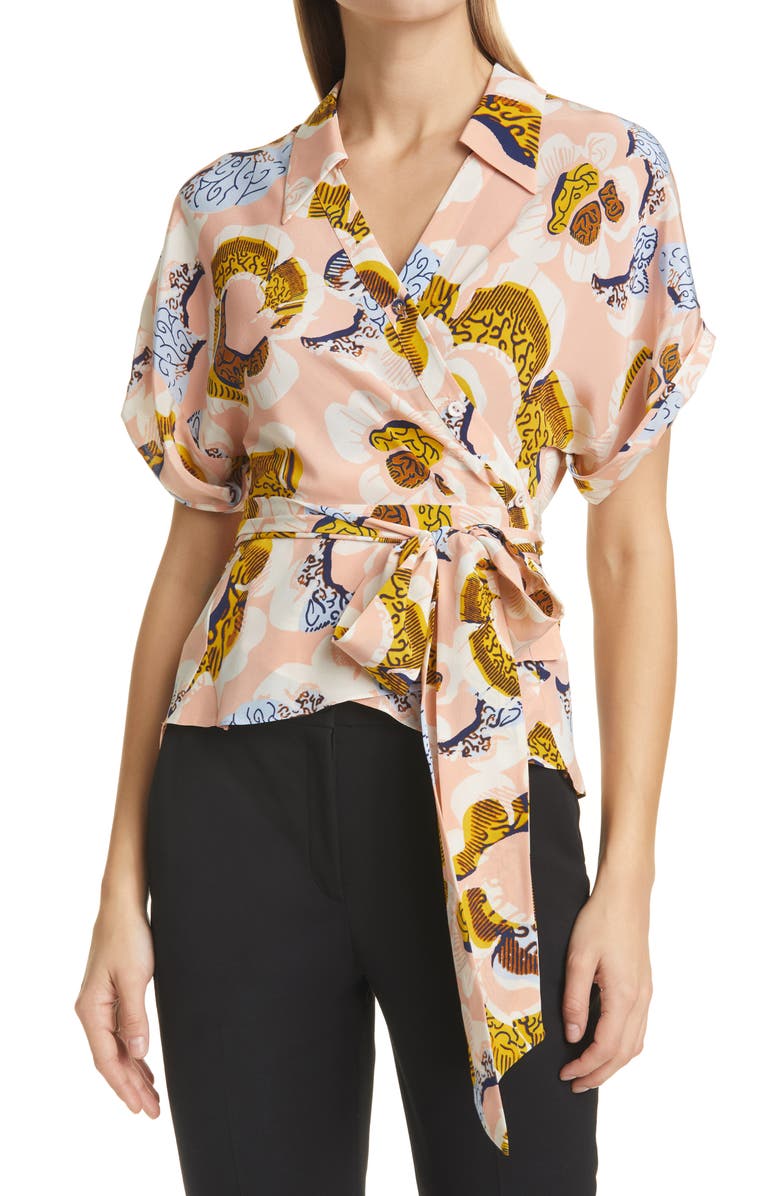 DVF Debbie Wrap Silk Top, Main, color, WAX CLOTH FLORAL SMALL NUDE
