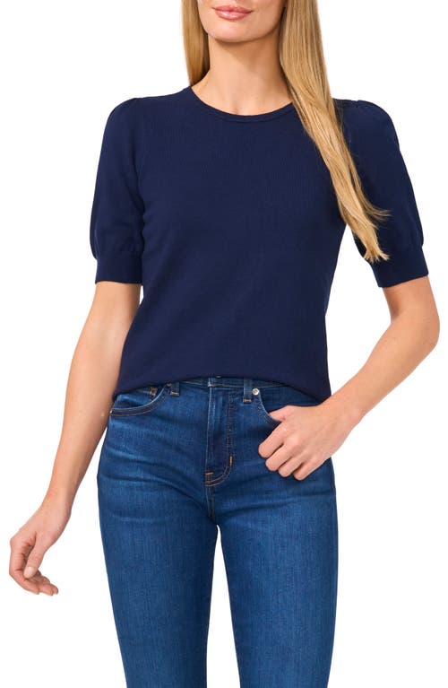 Cece Short Sleeve Crew Neck With Pearl Button Sweater In Classic Navy Blue