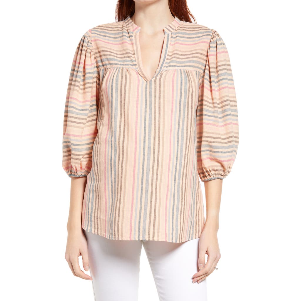 Maternal America N Stripe Puff Sleeve Maternity Blouse In Peach/navy Stripe