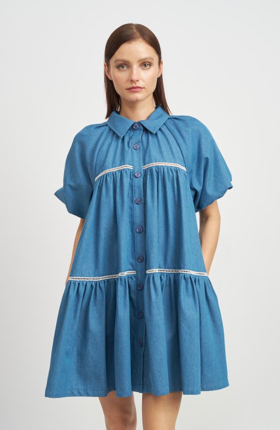 Shop En Saison Tara Tiered Cotton Trapeez Shirtdress In Chambray