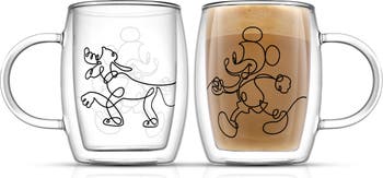 JoyJolt Aroma Disney Mickey and Pluto 13.5oz Glass Cups Set. 2 Insulated  Double Wall Glass Coffee Cups, Insulated Coffee Cup Set. Unique Coffee Mugs,  Large Espresso Cups. Disney Cups and