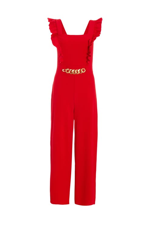 Quiz Scuba Crepe Frill Sleeve Chain Belt Palazzo Jumpsuit In Red