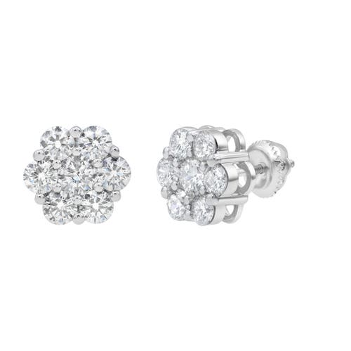 Luvmyjewelry Blossom 14k White Gold Flower Cluster Diamond Unisex Earrings In 14k White Gold