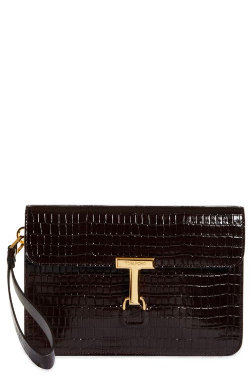 TOM FORD Small T-Clasp Croc Embossed Leather Portfolio in Light Chocolate at Nordstrom