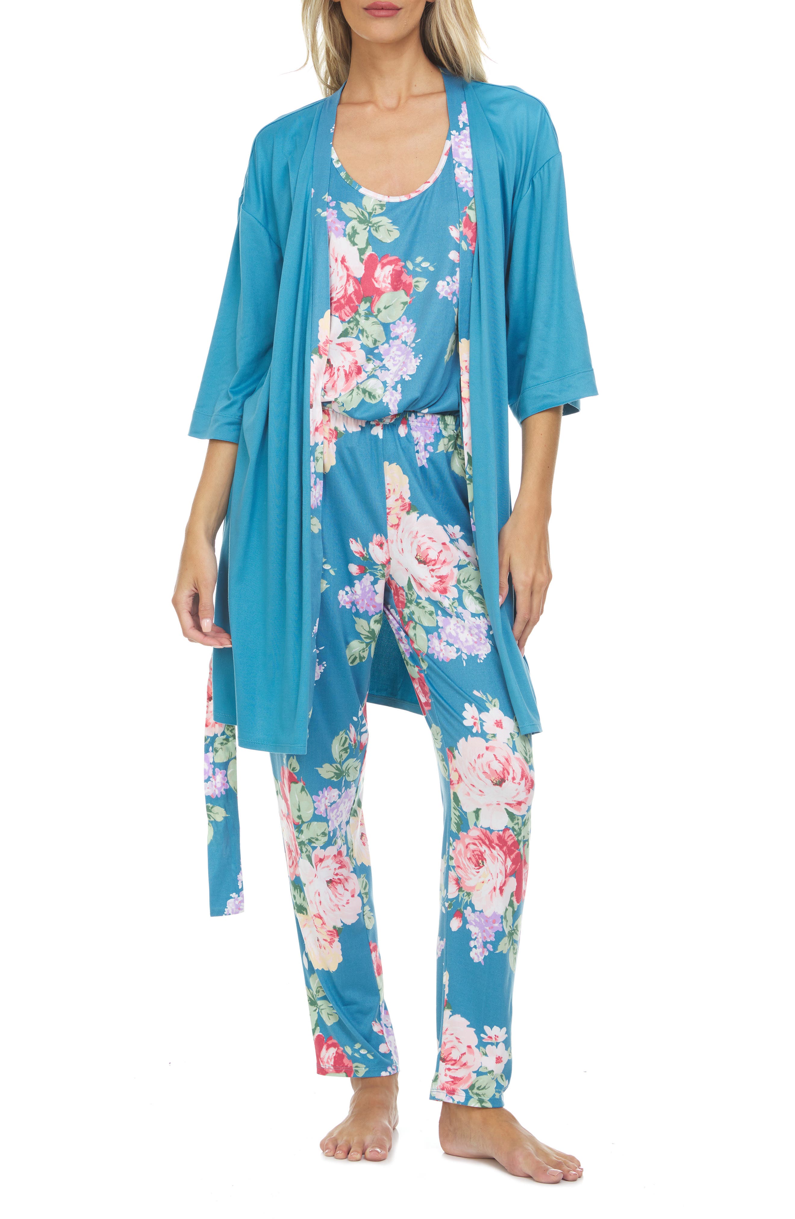 Flora Nikrooz Payton Robe, Tank Top, \u0026 Pants Travel 3-Piece Pajama Set in Dark Teal at Nordstrom Rack, Size Small