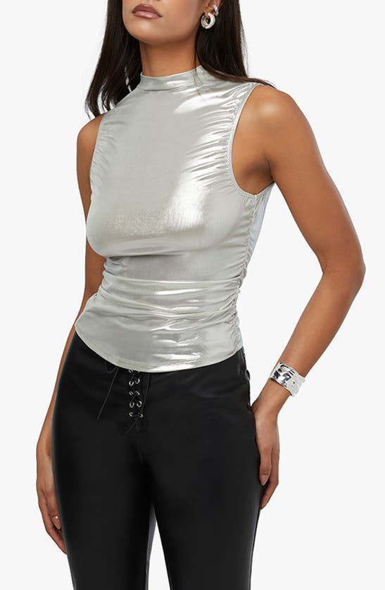 Shop Weworewhat Ruched Sleeveless Turtleneck Top In Silver
